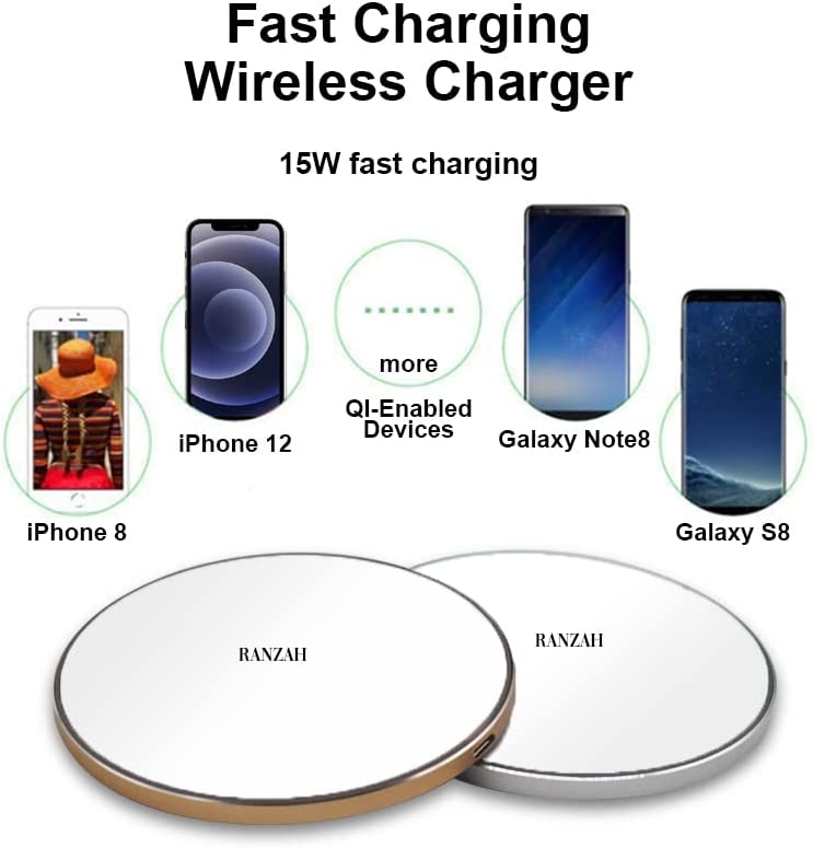 Ranzah Wireless Charger for iPhone 13 Pro Max/12/11/Xs Max/XR/X/8 Plus/8,15W Max Fast Charging Pad for Samsung Galaxy S22/S21/S20/S10/S9/S8/S7 Note 9/8/Huawei P30 Pro,5W All Qi-enabled Phones - Image 2