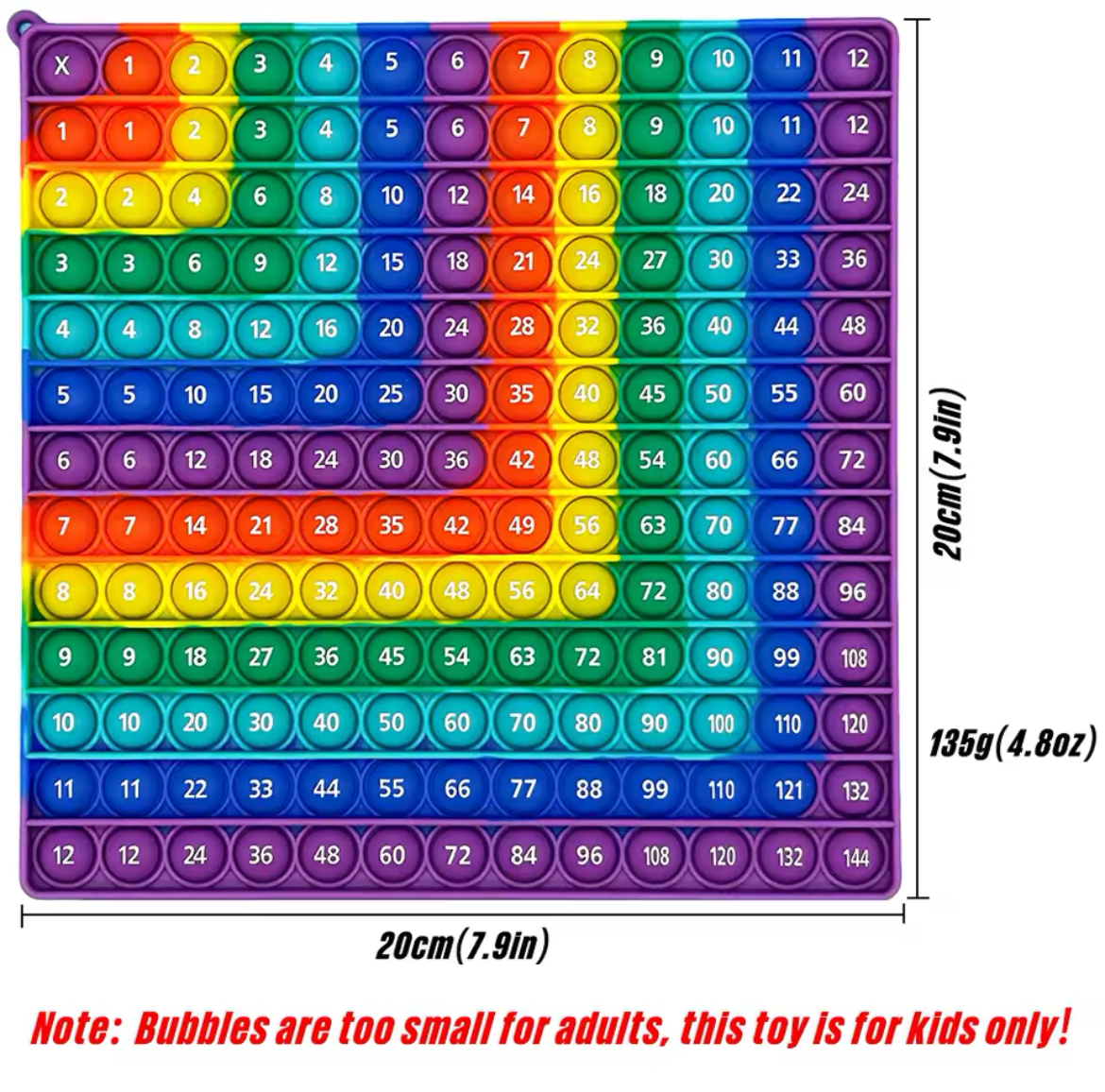 Ranzah Educational Pop fidget toy 12x12 Multiplication & 12+12 Addition Bubble sensory maths toy for kids Silicone Stress reliever special needs toy doubel side printing (Rainbow-1 R) - Image 4