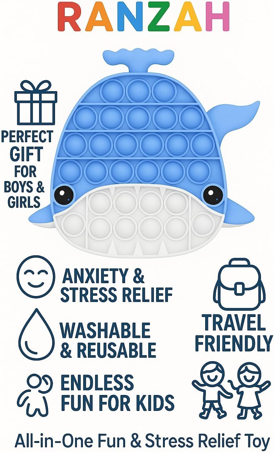 Pop Fidget Toy Push Pop Bubble Sensory Toy For Kids And Adults Travel Poppet Toy Squishy Toy For Gifts & Parties ADHD Stress & Anxiety Relief Toy Squeeze Toddler Toy (Blue Whale) - Image 7