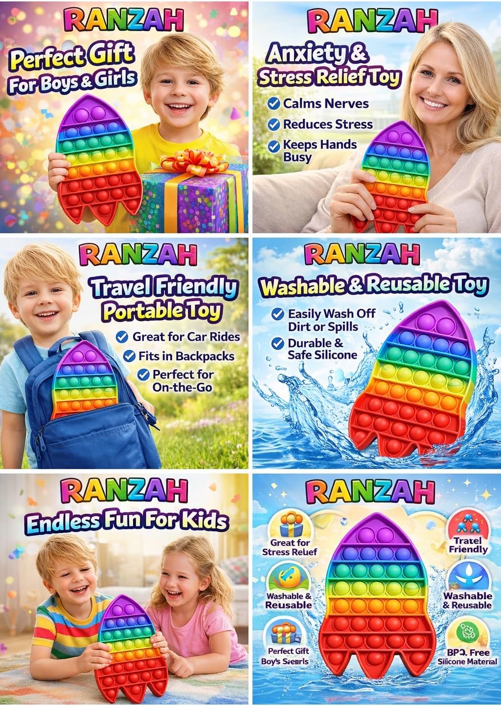 Pop Fidget Toy Rocket Push Pop Bubble Sensory Toy For Kids And Adults Travel Poppet Toy Squishy Toy For Gifts & Parties ADHD Stress & Anxiety Relief Toy Squeeze Toddler Toy (Rocket) - Image 8