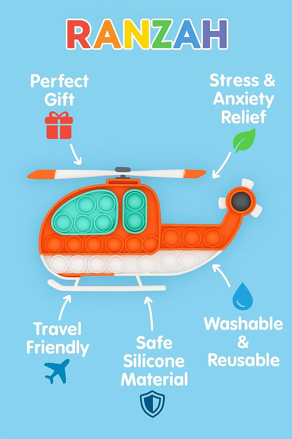 Helicopter Pop It Fidget Toy for Kids & Adults Stress Relief Silicone Sensory Squeeze Toy, Travel Friendly, Washable, Autism Anxiety Relief, Great Gift for Boys & Girls (Helicopter) - Image 8