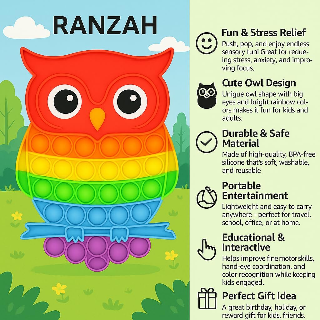 Pop Fidget Toy Push Pop Bubble Sensory Toy For Kids And Adults Travel Poppet Toy Squishy Toy For Gifts & Parties ADHD Stress & Anxiety Relief Toy Squeeze Toddler Toy (Owl) - Image 3