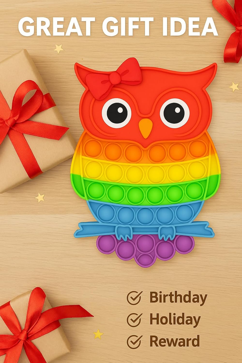 Pop Fidget Toy Push Pop Bubble Sensory Toy For Kids And Adults Travel Poppet Toy Squishy Toy For Gifts & Parties ADHD Stress & Anxiety Relief Toy Squeeze Toddler Toy (Owl) - Image 6